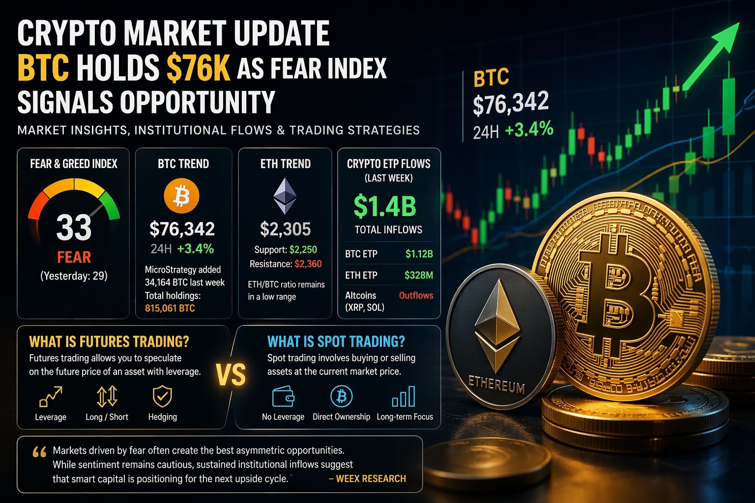 Crypto Market Update: BTC Holds $76K as Fear Index Signals Opportunity — What Is Futures Trading & Spot Trading Explained